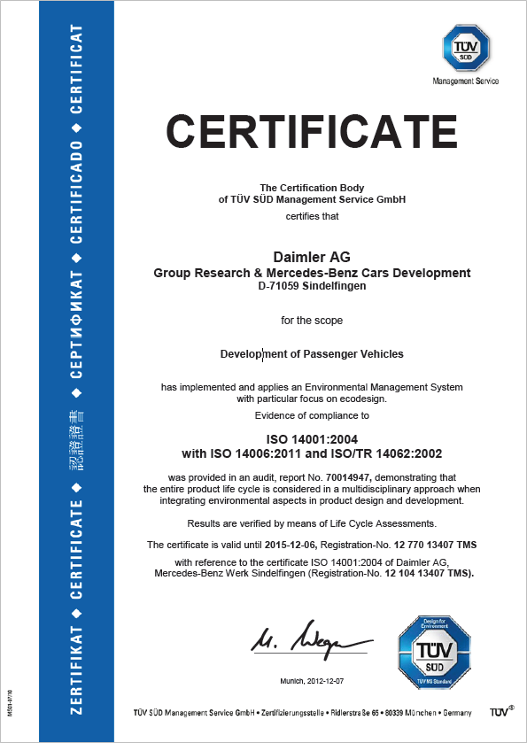 Mercedes Benz B-klasse Electric Drive_Environmental Certificate Mercedes Benz B-klasse Electric Drive_Environmental Certificate